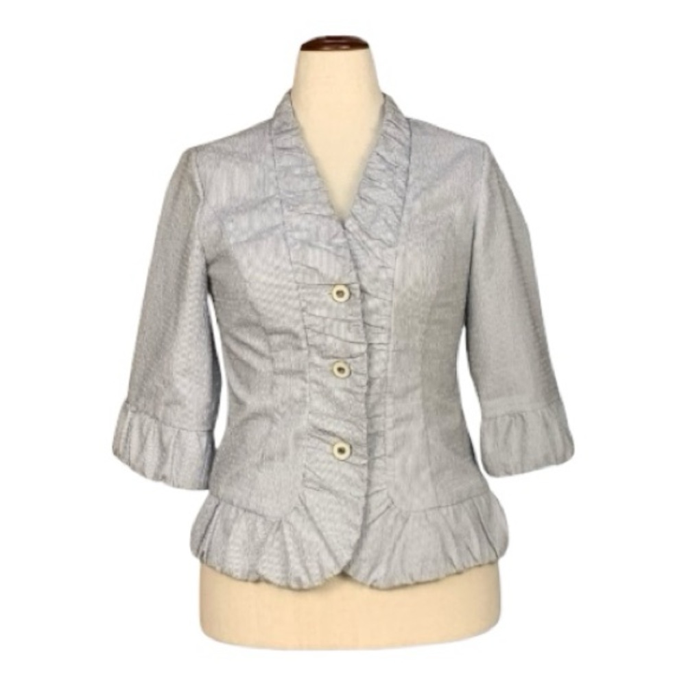 White Black Seersucker Pin Stripe Ruffled Spring Jacket Blazer Cotton Blend Sz 6